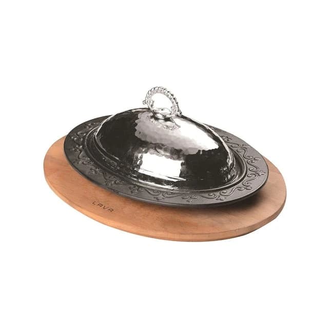 OVAL DÖNER, KEBAP TABAĞI, W=28 D=20 CM. AHŞAP SERVIS ALTLIKLI, BAKIR DÖVME KAPAKLI - LV AS 191