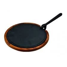 AHŞAP SERVİS TAHTASI, HOT PLATE DÖKÜM DEMİR PLAKALI. ÇAP(Ø)26,4CM. IROKO