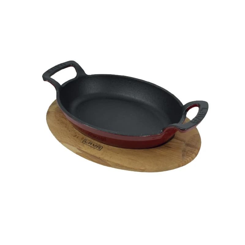 OVAL KULPLU TAVA AHŞAP ALTLIKLI 19*14CM KIRMIZI